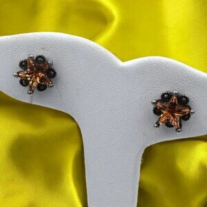 Vintage Sterling Silver Marcasite & Amber Glass Star Stud Earrings 925